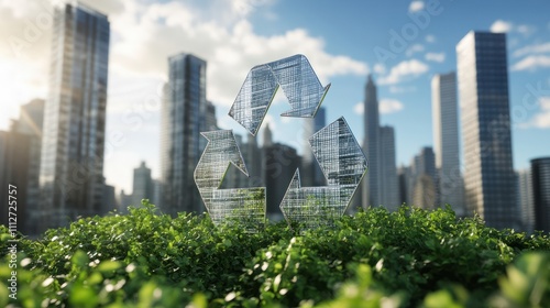 White recycling symbol with an urban skyline and greenery. _1(904) photo