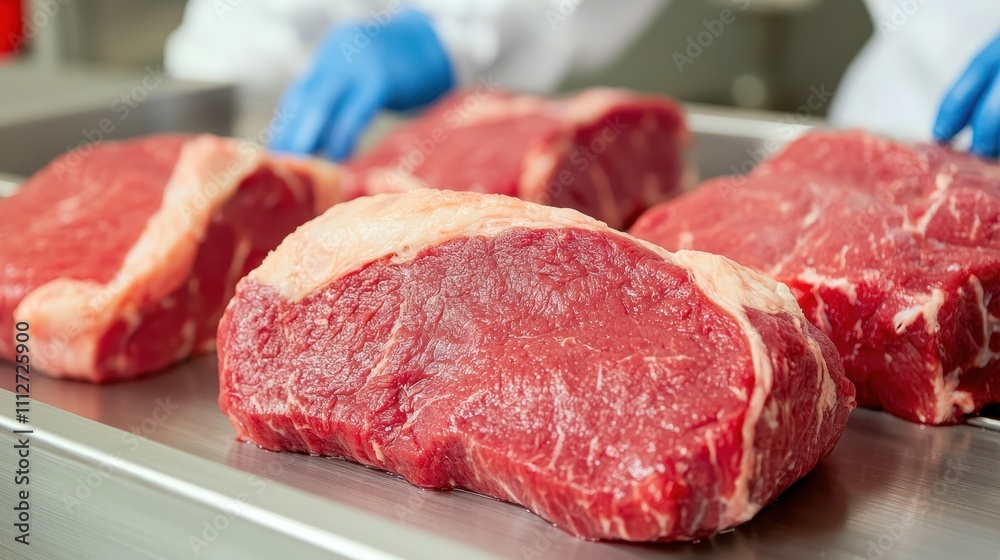 Fresh cuts of beef displayed on a stainless steel counter, showcasing marbling and quality, with a focus on meat preparation. Fresh cuts of beef displayed on a stainless steel counter, showcasing marbling and quality, with a focus on meat preparation.