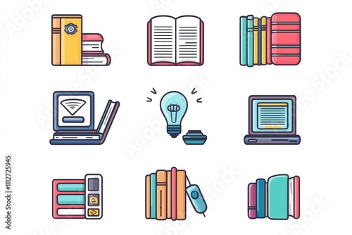 Digital library and e-book icons representing online knowledge base resources