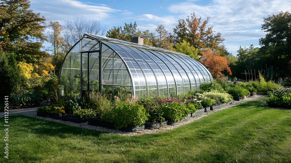 Greenhouse surrounded by vibrant garden vegetation in autumn sunlight Greenhouse surrounded by vibrant garden vegetation in autumn sunlight