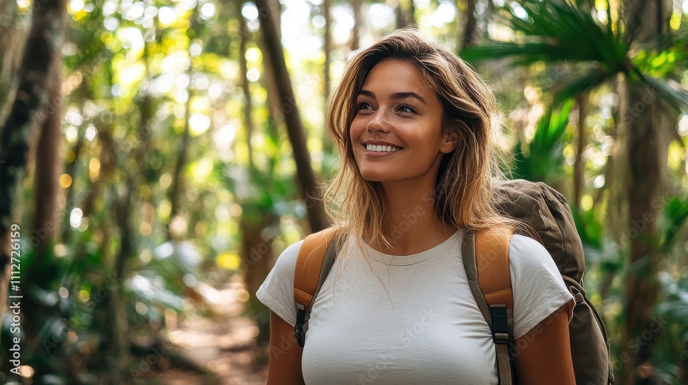 A smiling woman with a backpack explores a lush green jungle, surrounded by tall trees and vibrant greenery, embodying adventure and joy in nature. A smiling woman with a backpack explores a lush green jungle, surrounded by tall trees and vibrant greenery, embodying adventure and joy in nature.