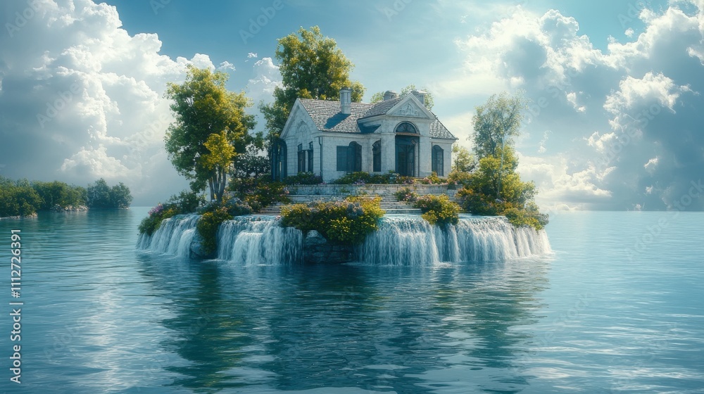 Obraz premium Enchanted Island Retreat with Waterfall and House - A Serene Paradise