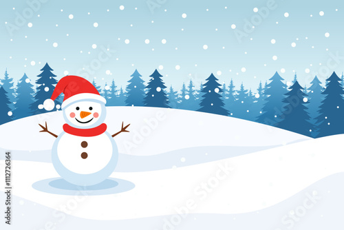 Snowman in the forest in snowy weather. Beautiful winter natural landscape with snowman, pine trees, snowdrifts, forest and snow. Vector illustration for Christmas and New Year design.