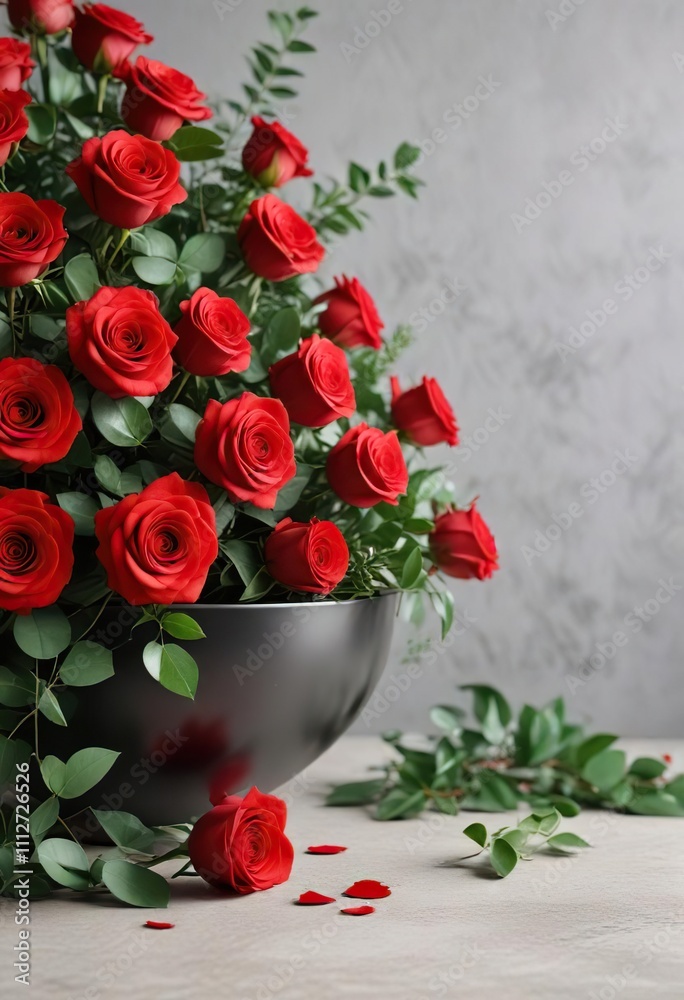 Obraz premium A bowl of red roses with greenery and eucalyptus leaves background, decorative vase, flowers, beautiful arrangement