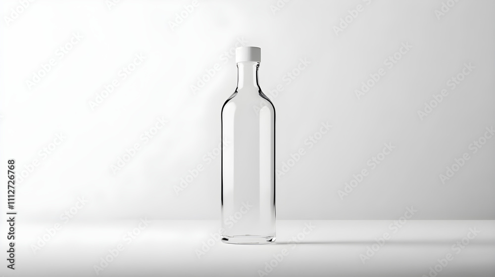 Minimalist Transparent Glass Bottle on a White Background with White Cap - Modern Elegance and Simplicity for Functional and Decorative Uses Minimalist Transparent Glass Bottle on a White Background with White Cap - Modern Elegance and Simplicity for Functional and Decorative Uses