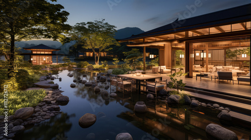 3D render, Exterior design concept, Japanese Resort by the Natural background, Retreat and Relax Space. travel and vacation background