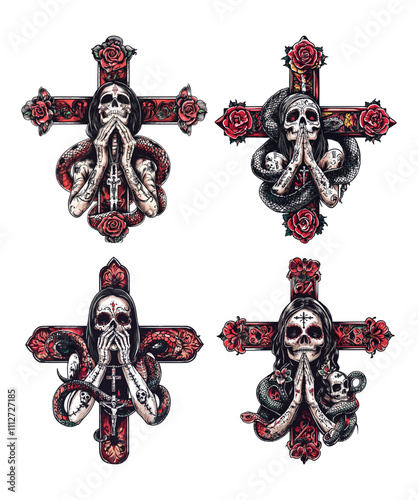 Color tattoo sketch chicano cross. Praying skeleton with roses and wrist pray gesture, rosary flowers blossoms death skull character and entwined serpent snake, dead make up cult female person