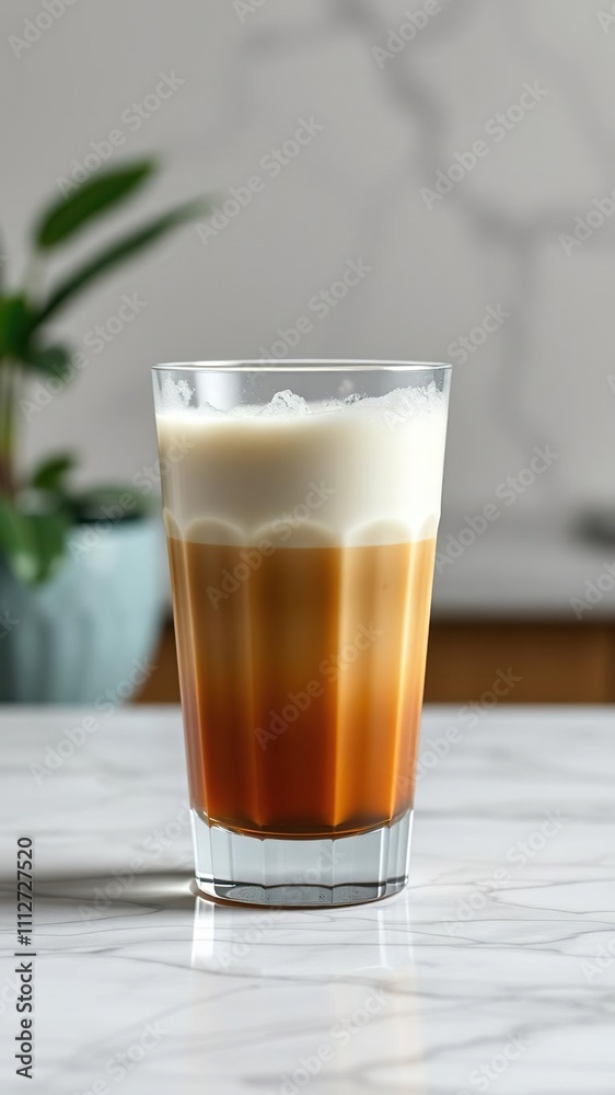 A delicate glass of coffee with milk and sugar on a marble countertop, elegant, milk, coffee A delicate glass of coffee with milk and sugar on a marble countertop, elegant, milk, coffee