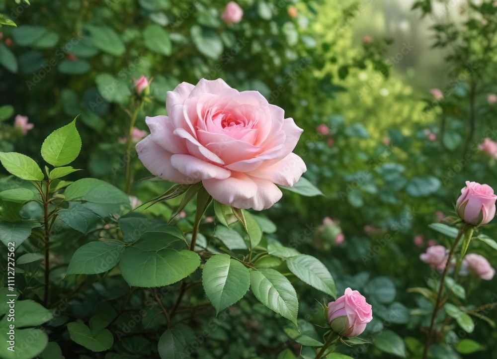 A delicate pink rose blooms among clusters of green leaves and twigs in a picturesque meadow, meadow , floral, green leaves A delicate pink rose blooms among clusters of green leaves and twigs in a picturesque meadow, meadow , floral, green leaves