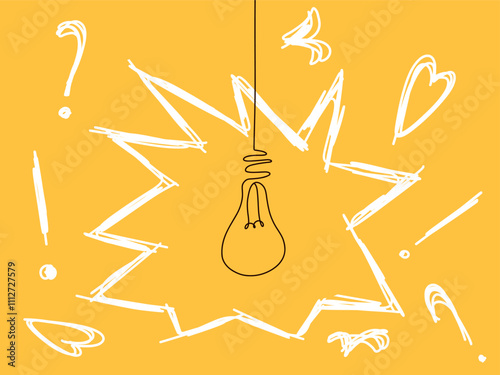 Light bulb and question marks on yellow background. Idea, brainstorm, graphics. Vector illustration