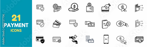 Payment. Linear icon set. Payment options. Payment vector icons. Outline payment method symbols. Money transfer. Banking, credit card, cash and transaction symbol. Vector illustration