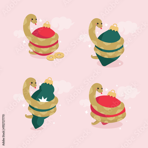 Set of isolated cartoon snakes coiled around Christmas ornaments. Chinese New Year. Year of snake. Vector illustration in cartoon style.