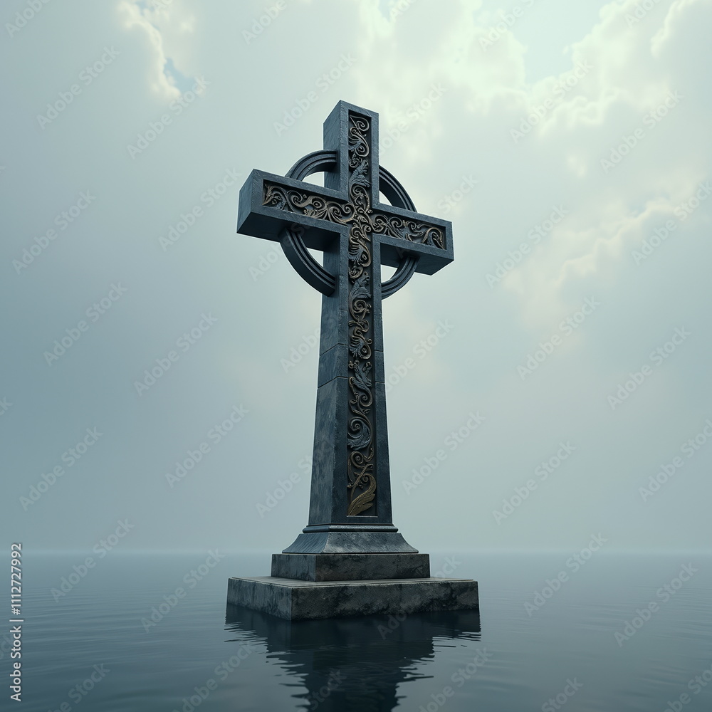Celtic cross standing in calm water against misty sky Celtic cross standing in calm water against misty sky