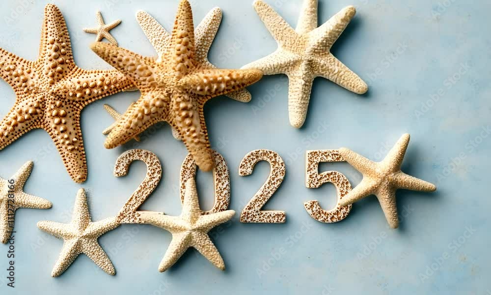 Creative coastal decoration showcasing starfish and the year 2025 in a beach-inspired artistic display Creative coastal decoration showcasing starfish and the year 2025 in a beach-inspired artistic display