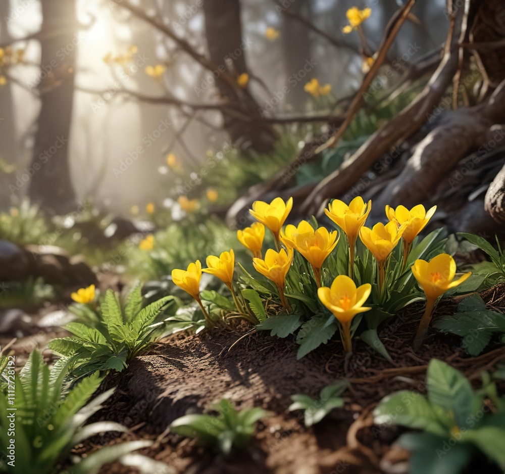 A group of bright yellow crocuses peeking out from under a leafy branch, nature, crocus, landscape A group of bright yellow crocuses peeking out from under a leafy branch, nature, crocus, landscape