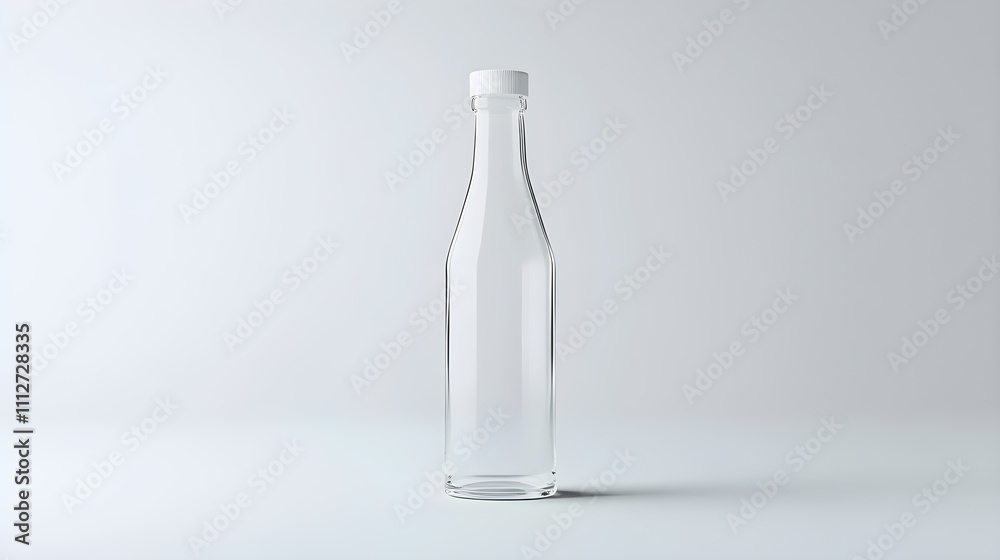 Minimalist Transparent Glass Bottle on a White Background with White Cap - Modern Elegance and Simplicity for Functional and Decorative Uses Minimalist Transparent Glass Bottle on a White Background with White Cap - Modern Elegance and Simplicity for Functional and Decorative Uses