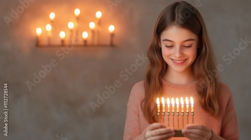 Teen Girl Photographing Menorah with Phone During Hanukkah Celebration for Festive Season Memories and Holiday Traditions in Warmly Lit Room photo