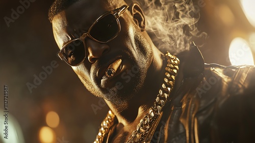  Dark, moody portrait of a man smoking a cigar, wearing sunglasses and gold jewelry.