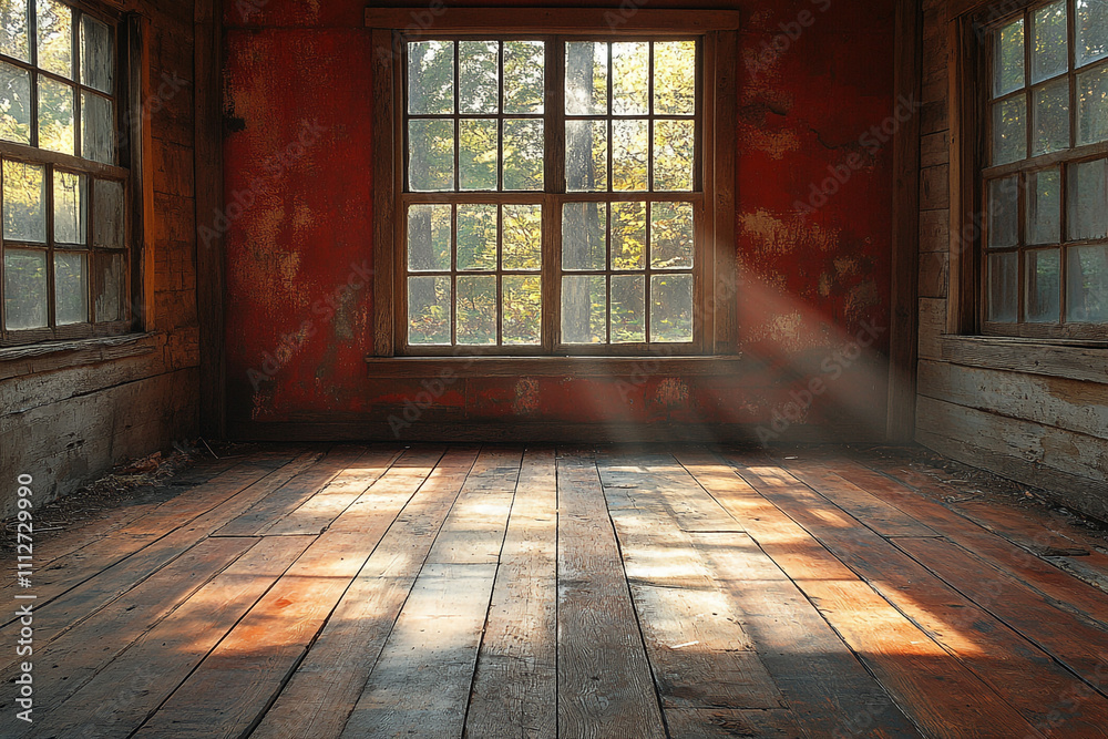 Sunbeams illuminate a rustic wooden room interior Sunbeams illuminate a rustic wooden room interior