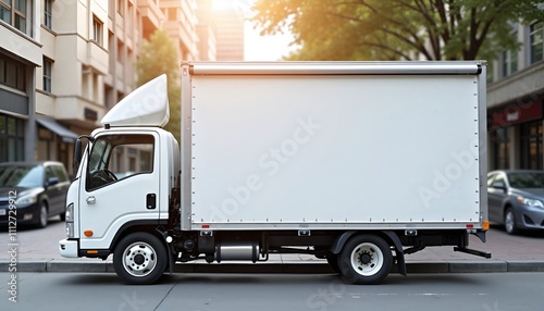 White blank tarp covering food truck on urban street in sunlight