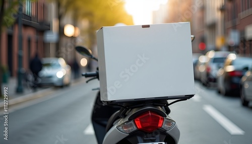 White motorcycle delivery box mockup on city street in afternoon