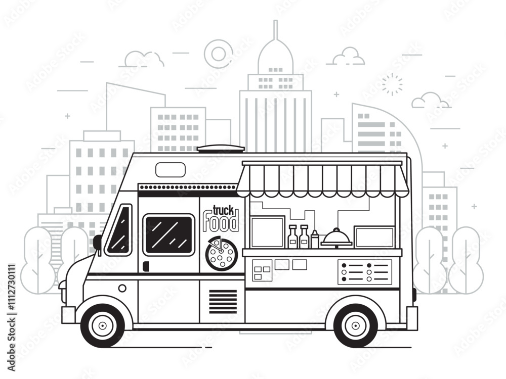 Street Food Truck Selling Pizza in Line Art