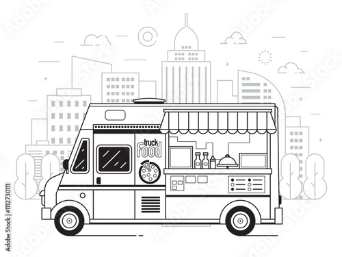 Obraz na płótnie Street Food Truck Selling Pizza in Line Art w salonie