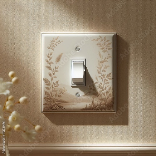 White european light switch on beige wall with wallpaper. AI generated. photo