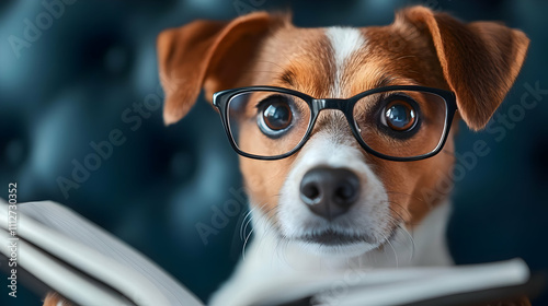 A dog reading a book with glasses.