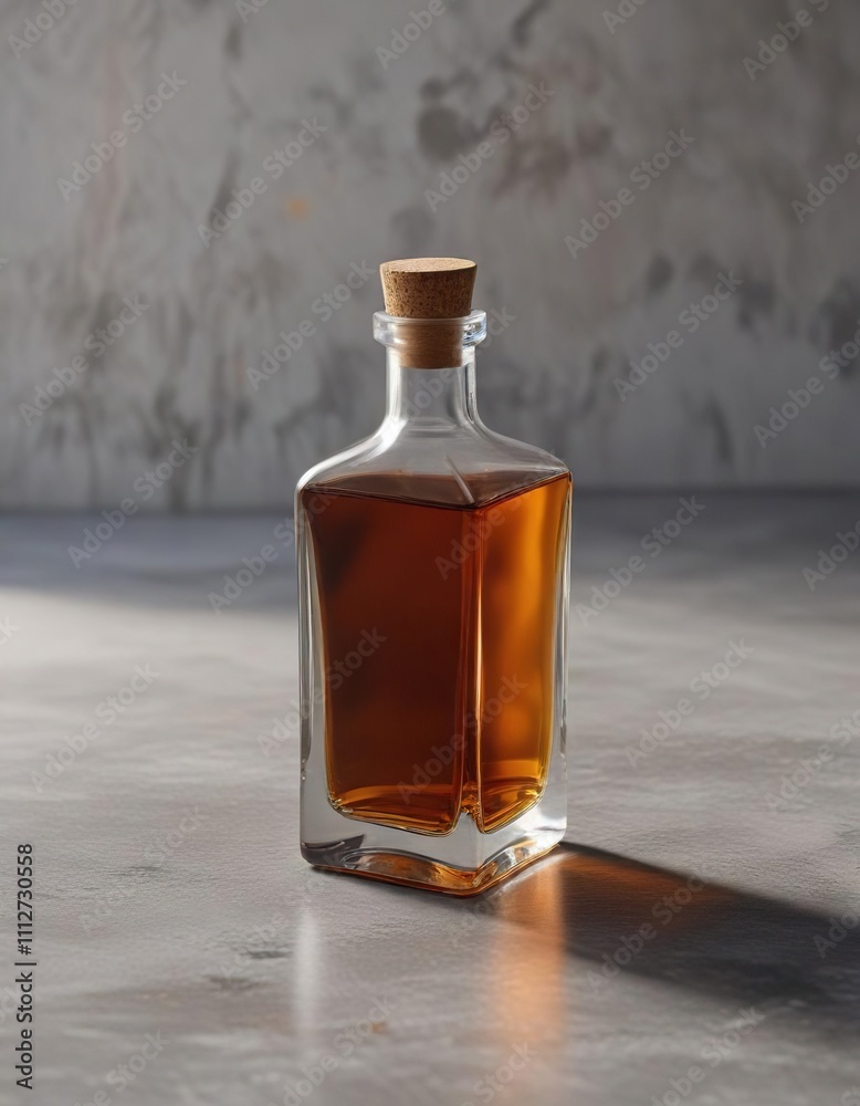 A square-shaped bottle of brown liquor resting next to an empty clear glass on a gray cement floor bathed in warm natural light , whiskey, still life, sunlight A square-shaped bottle of brown liquor resting next to an empty clear glass on a gray cement floor bathed in warm natural light , whiskey, still life, sunlight