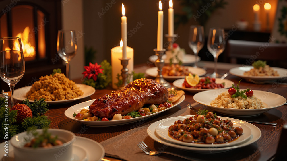Holiday dinner table with roasted meats, sides, and festive candlelight Holiday dinner table with roasted meats, sides, and festive candlelight