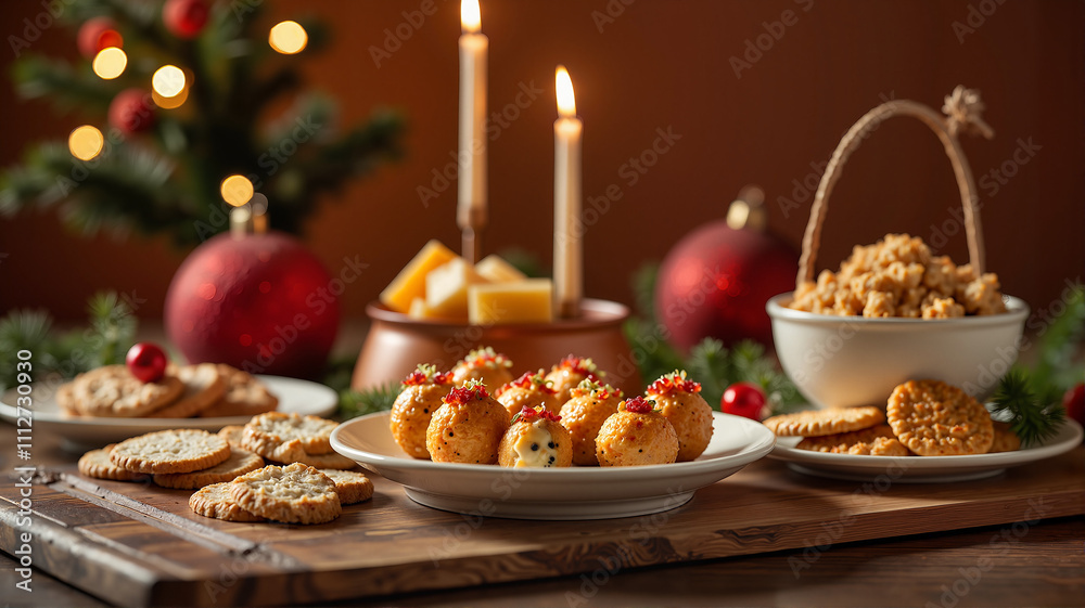 Christmas table setting with candles, holiday snacks, and festive decor Christmas table setting with candles, holiday snacks, and festive decor