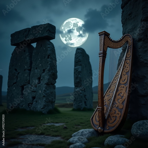 Harp at Stonehenge under full moon mystical night scene