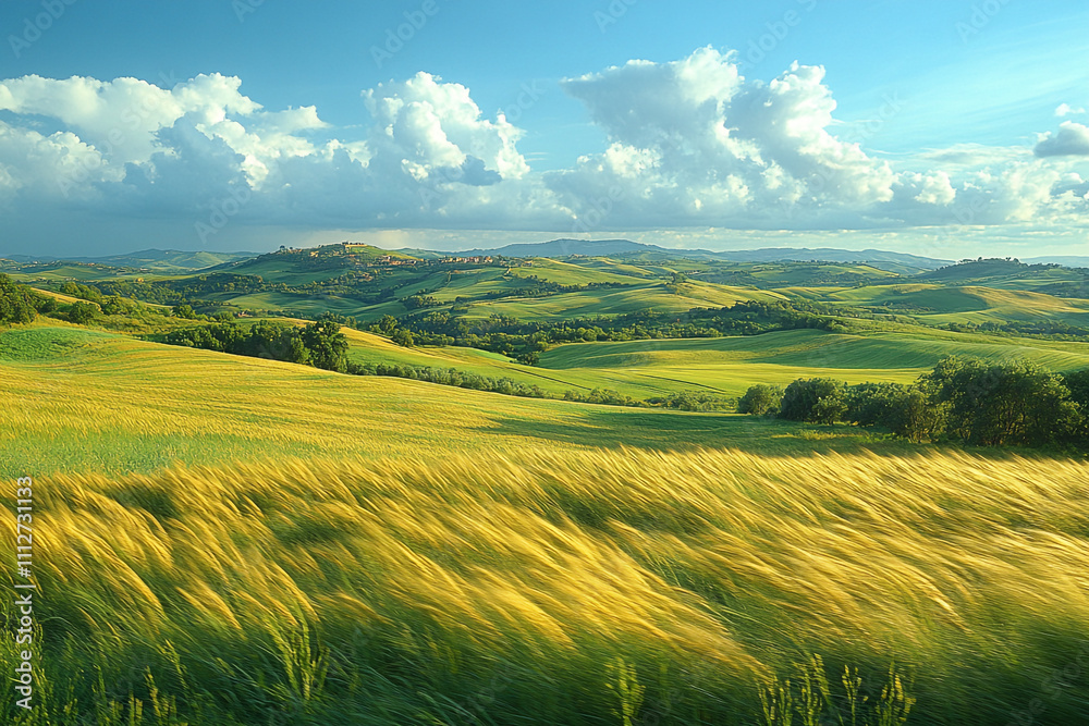 Obraz premium Rolling Hills Landscape With Golden Wheat Field