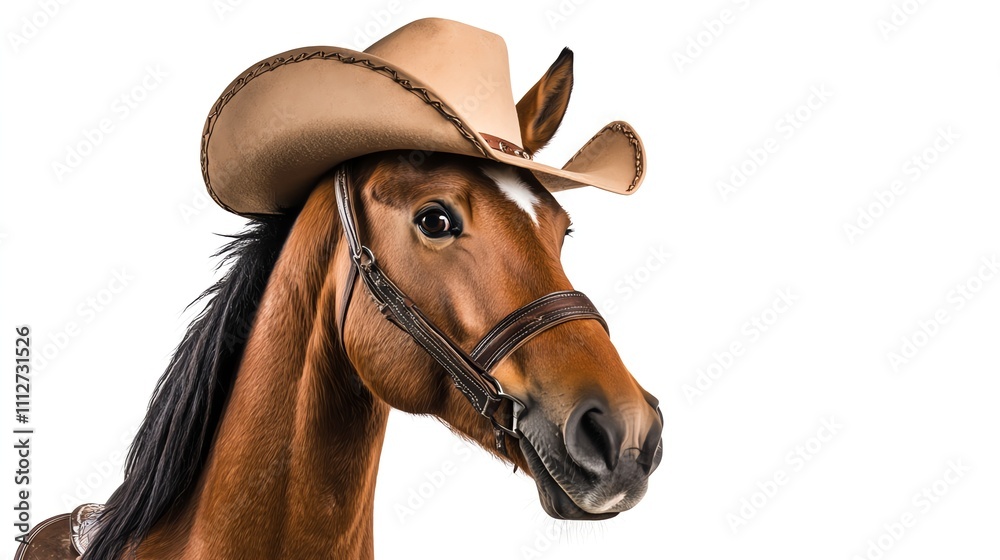 Fototapeta premium A brown horse wearing a cowboy hat, looking to the right.