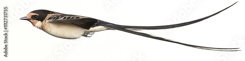 A Barn Swallow in mid-flight with its long tail feathers trailing photo