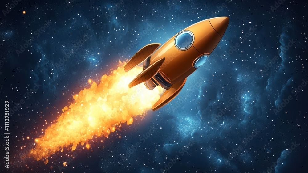 Naklejka premium Orange Rocket Ascending into the Cosmos: A Stunning Visual of Space Exploration