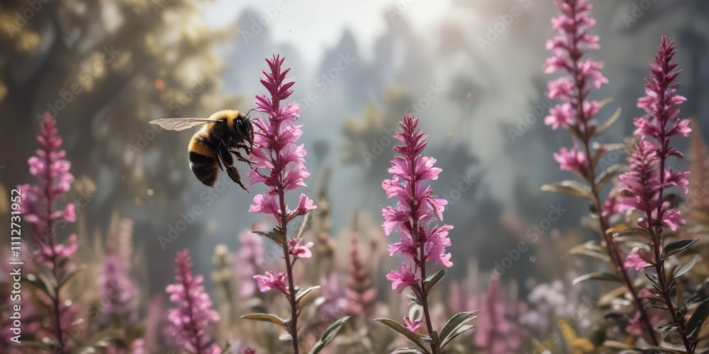 Obraz premium bumblebee flying away with pollen and nectar from pink ornamental sage blossom, pink blossom, flowers, insects