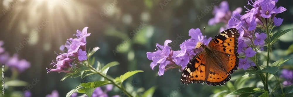 Butterfly and purple flower in a soft focus environment, gentle, soothing Butterfly and purple flower in a soft focus environment, gentle, soothing