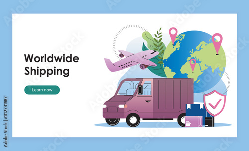 Worldwide shipping landing page. Truck and airplane near globe with GPS pins. Global logistics and cargo transportation, shipping. Flat vector illustration