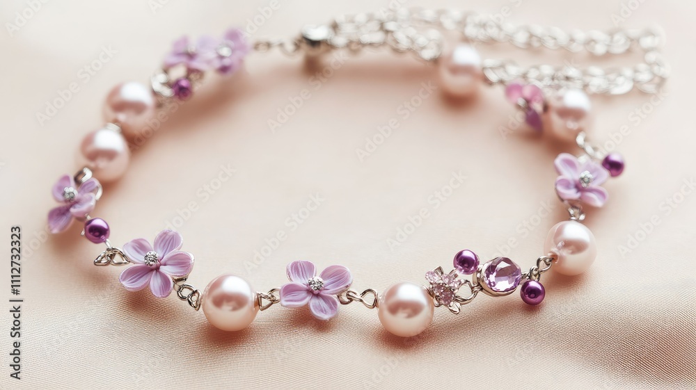 Obraz premium Elegant bracelet with pink flowers and pearls on silky surface