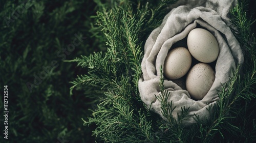 Four white eggs in nest surrounded by green foliage