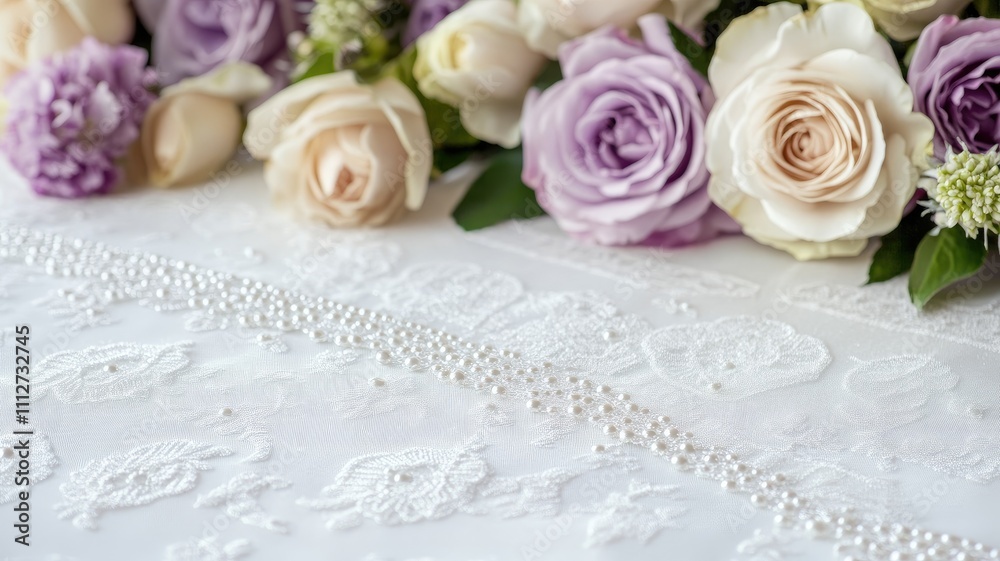 Elegant pastel roses on white lace with pearls, creating serene decorative display