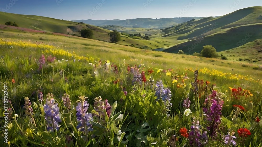 Obraz premium Colorful wildflowers bloom in a grassy valley landscape under a vibrant blue sky. 