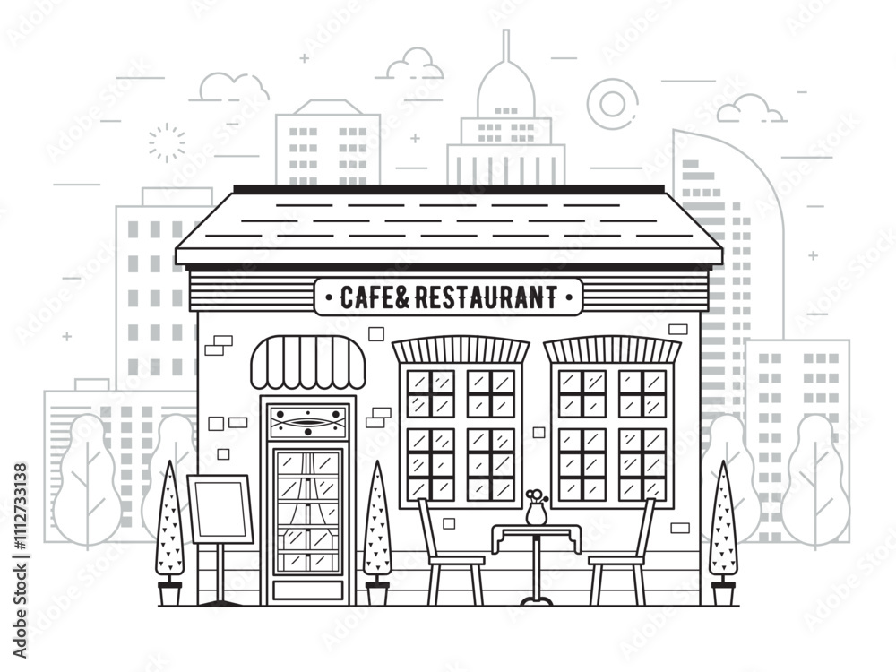 Obraz premium Street Cafe or Restaurant Building in Line Art