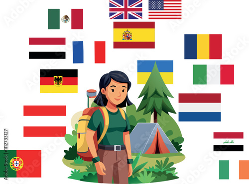Female hiker is going camping surrounded by flags from all over the world