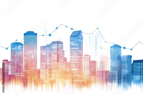 Cityscape showcasing glowing skyscrapers with graphs representing equity crowdfunding and urban development #1112733333