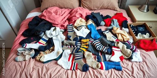 Colorful assortment of socks spilling out of a box onto a cozy bed, fashion, clothing, bed