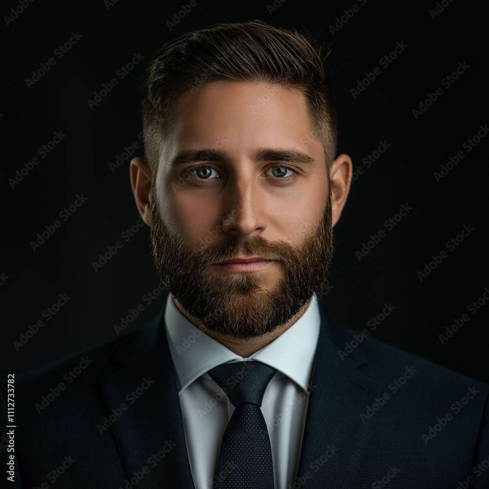 Professional portrait of a bearded man in a formal suit and tie, posed against a black background, exuding confidence and sophistication in a sleek, minimalist setting