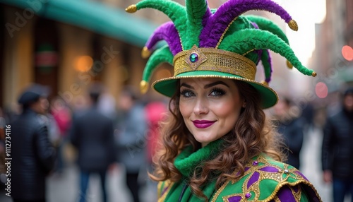 Stylish woman, festive mood, wearing a vibrant jester hat and costume in a carnival setting